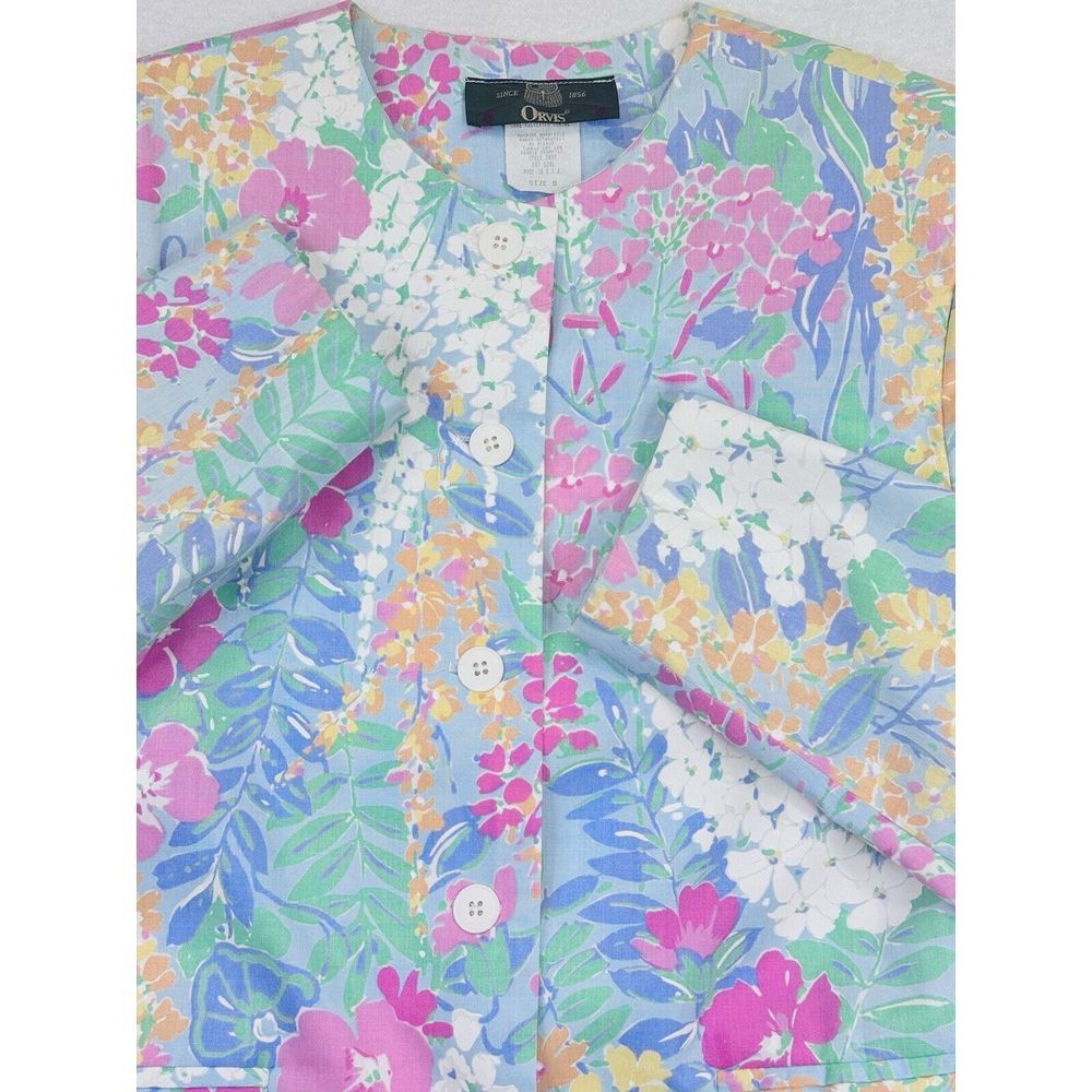 Orvis VTG Button Front Blazer Women Ocean Blue Floral L/S Lined USA 8.